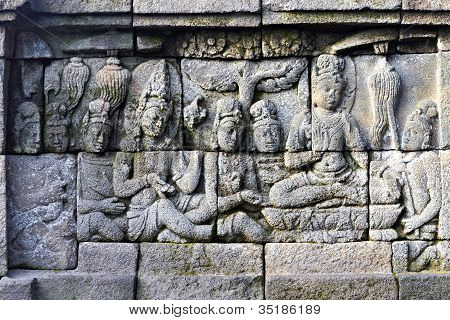 Bas-relief på væggen i Borobudur Temple