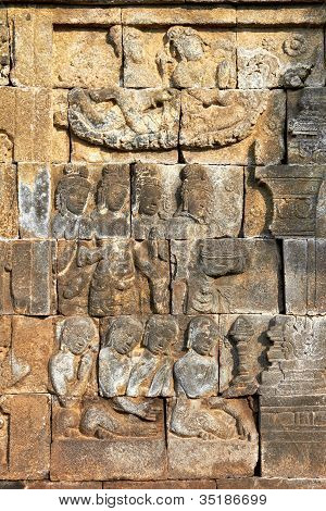 Bas-relief på væggen i Borobudur Temple