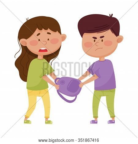 Little Boy With Aggressive Face Expression Taking Away Schoolbag From His Agemate Vector Illustratio