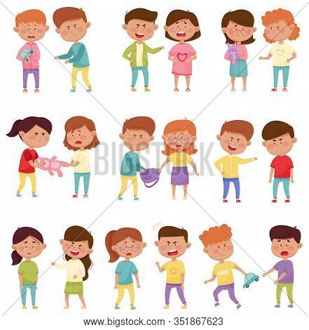 Bullying Children Characters Abusing And Treating Badly Another Kids Vector Illustrations Set