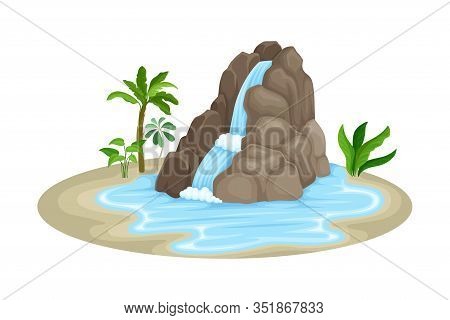 Low Tropical Waterfall With Rocky Stone Bounds Rested On Green Island Spot Vector Illustration