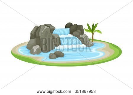 Low Tropical Waterfall With Rocky Stone Bounds Rested On Green Island Spot Vector Illustration
