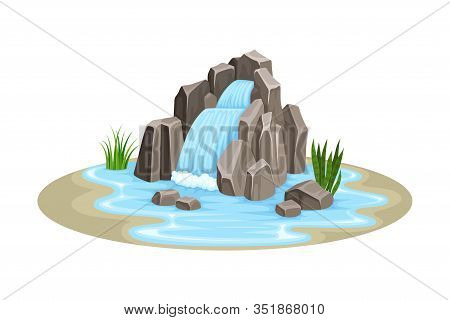 Low Tropical Waterfall With Rocky Stone Bounds Rested On Green Island Spot Vector Illustration