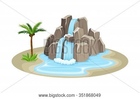 Low Tropical Waterfall With Rocky Stone Bounds Rested On Green Island Spot Vector Illustration