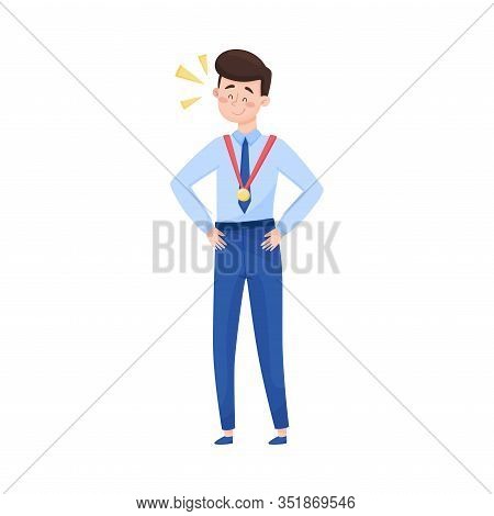 Young Man Standing With Golden Medal Hanging From His Neck Cheering About The Victory Vector Illustr