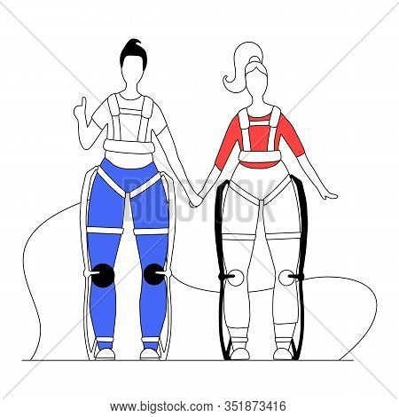 Outline Illustration Of Pair In Exosuit With Abstract Bacground. Medical Exoskeleton To Help People 