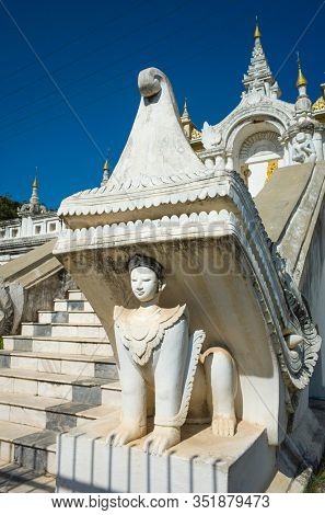 Sculpture of stairway to Atumashi Monastery, formally Maha Atulaveyan Kyaungdawgyi - Buddhist monastery in Mandalay, Myanmar. Architectural detail
