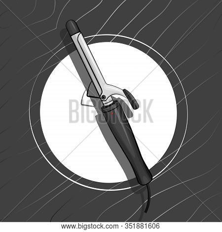Card With A Hair Curler. Stylish, Modern Pattern. Gray Curling Iron On A Gray Background. Curls Curl