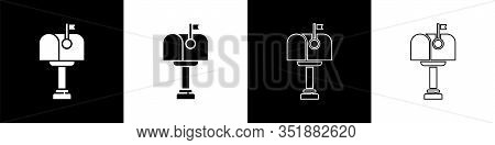 Set Mail Box Icon Isolated On Black And White Background. Mailbox Icon. Mail Postbox On Pole With Fl