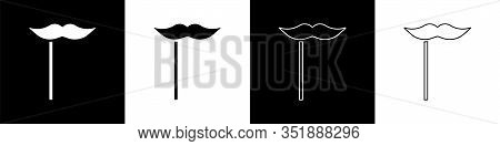 Set Paper Mustache On Stick Icon Isolated On Black And White Background. Concept With Cardboard Carn