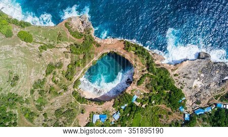 View From Above, Stunning Aerial View Of The Broken Beach. Broken Beach Locally Known As Pantai Pasi