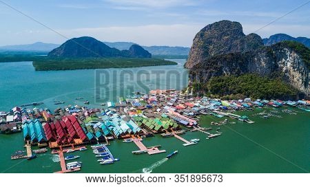Aerial Panorama View Over Ko Panyi Floating Village In Souther Of Thailand. Ko Panyi Is A Fishing Vi