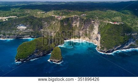 Aerial View On Karang Dawa Bay, Kelingking Beach. Nusa Penida Island, Indonesia.