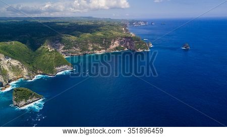 Aerial View On Karang Dawa Bay, Kelingking Beach. Nusa Penida Island, Indonesia.