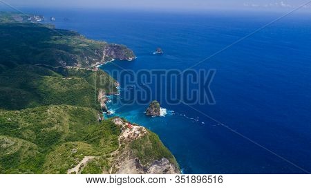 Aerial View Of The Tropical Coast Of The Island Of Nusa Penida, Beach Of Kelingking, Indonesia