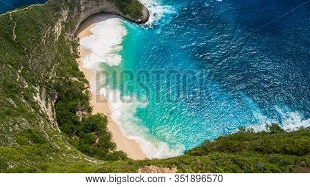 Aerial View Of The Tropical Coast Of The Island Of Nusa Penida, Beach Of Kelingking, Indonesia