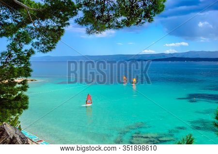 Windsurfers On Sailboards In Adriatic Sea In Bol On Brac Island Near Split, Croatia. Pine Trees And 