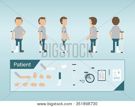 Set Of Patient Characters With Splint And Crutch Vector Illustration