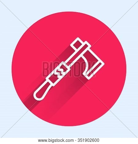 White Line Native American Tomahawk Axe Icon Isolated With Long Shadow. Red Circle Button. Vector Il