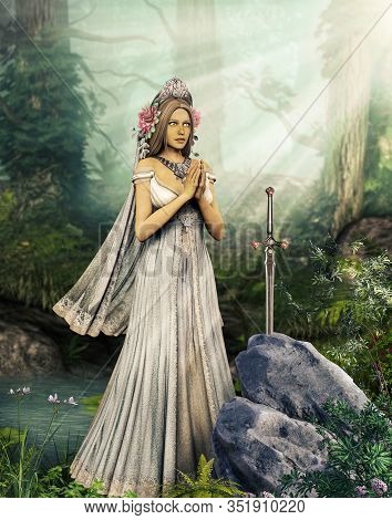 The Enchantress Lady Of The Lake Is Praying To The Sword Excalibur, Illustration Inspired By The Leg
