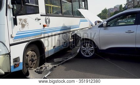 Voronezh, Russia August 16, 2019: A Terrible Accident On The Street. A Damaged Car After A Collision