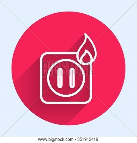 White Line Electric Wiring Of Socket In Fire Icon Isolated With Long Shadow. Electrical Safety Conce