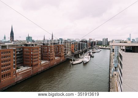 Hamburg, Germany - August 4, 2019: High Angle View Of The Warehouse District Or Speicherstadt. Sandt