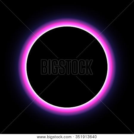 Pink Neon Round Frame. Luminous Swirling Bunner. Shining Circle Light Banner. Glowing Spiral. Light 
