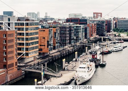 Hamburg, Germany - August 4, 2019: High Angle View Of The Warehouse District Or Speicherstadt. Sandt