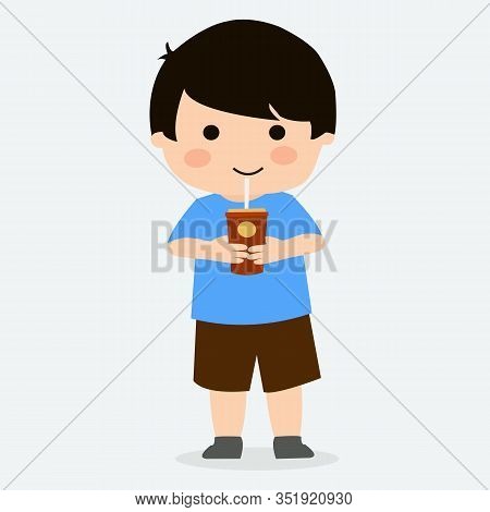 Cute Boy Drink Chocolate Ice Vector Illustration