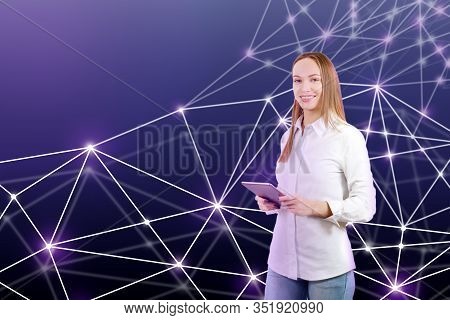 Businesswoman With Network. Artificial Neural Networks,

 Connectionist Systems. Internet Connection