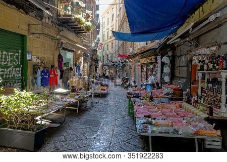Palermo, Sicily - February 8, 2020: The Flea And Traditional Market At Discesa Maccheronai Street In