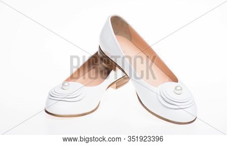Shoes Made Out Of White Leather On White Background, Isolated. Minimalism Concept. Pair Of Fashionab