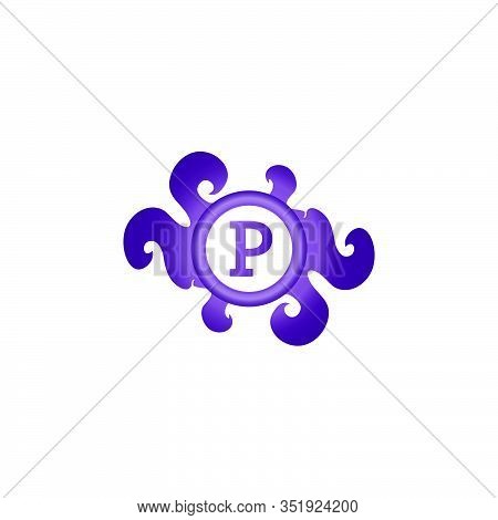 Letter P Decorative Brooch Alphabet Logo isolated on white Background. Elegant Curl & Floral Logo Concept. Luxury Amethyst Initial Abjad Logo Design Template. Purple Violet Color. EPS 10 File Project