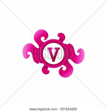 Letter V Decorative Brooch Alphabet Logo isolated on white Background. Elegant Curl & Floral Logo Concept. Luxury Rubi Initial Abjad Logo Design Template. Light Red Maroon Gradation. EPS 10 File Project
