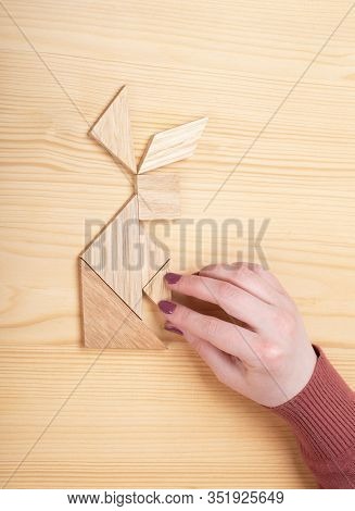 Girl Collects A Wooden Tangram Puzzle On A Wooden Table.