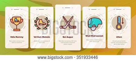 Skate Sport Equipment Onboarding Icons Set Vector. Hockey Player Brassy And Helmet, Brassy And Puck,