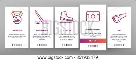 Skate Sport Equipment Onboarding Icons Set Vector. Hockey Player Brassy And Helmet, Brassy And Puck,