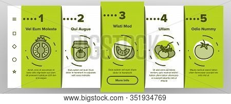Tomato Vegetarian Food Onboarding Icons Set Vector. Tomato Ketchup And Juice In Glass, Vegetable Sli
