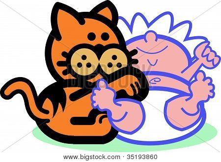 赤ちゃんや幼児と遊ぶ猫のクリップアート