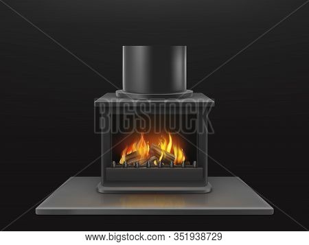 Modern Fireplace With Burning Wooden Logs, Flame Inside Metallic Firebox Realistic Object. House Int