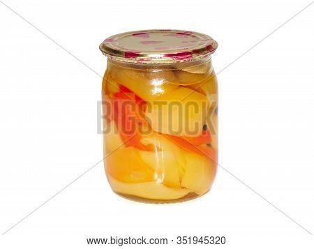 Juicy Preserved Sweet Peppers In A Glass Jar With Metal Cap On White Background, Ecologial Homemade 