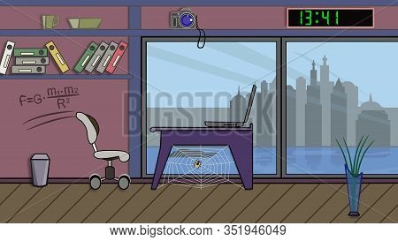 On The Table Is A Laptop. The Office Chair Rolls Out. A Spider Crawls And Weaves A Web. Through The 