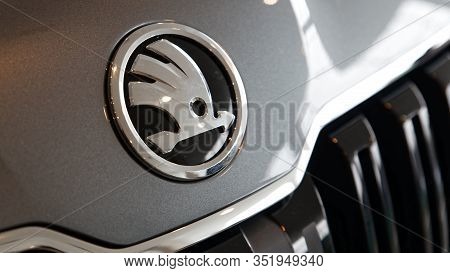 Ulyanovsk, Russia - February 15, 2020: Closeup Detail Photo Of Skoda Logo On The Hood Of The Car Sko