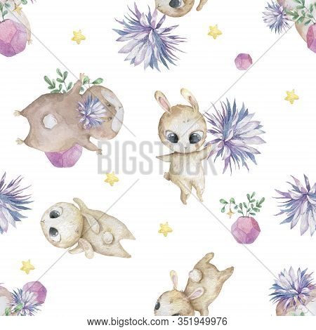Easter Seamless Pattern Design With Bunnies Cute Watercolor Colorful Illustration With Blue Flowers 