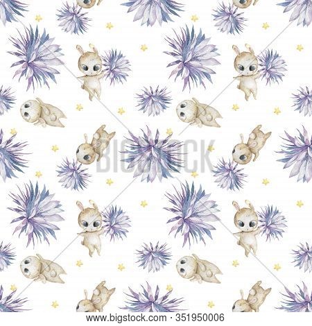 Easter Seamless Pattern Design With Bunnies Cute Watercolor Colorful Illustration With Blue Flowers 