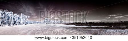 False color infrared panorama of tropical forest and beach, good alien landscape shot