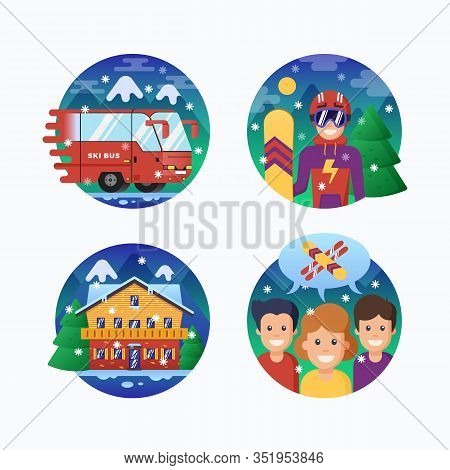 Ski Or Snowboard Resort Icons Collection. Vector Circle Banners Of Snowboarding Instructor, Ski Bus,