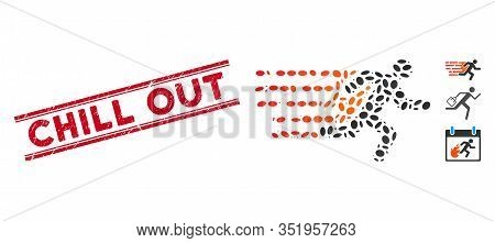 Rubber Red Stamp Seal With Chill Out Text Between Double Parallel Lines, And Mosaic Rush Running Man
