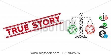 Rubber Red Stamp Watermark With True Story Caption Between Double Parallel Lines, And Mosaic Truth D